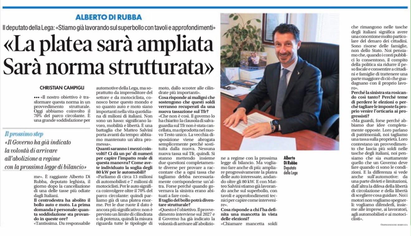 Intervista Il Tempo | Bollo auto e moto, Di Rubba: “La platea sarà ampliata. Sarà una norma strutturata”