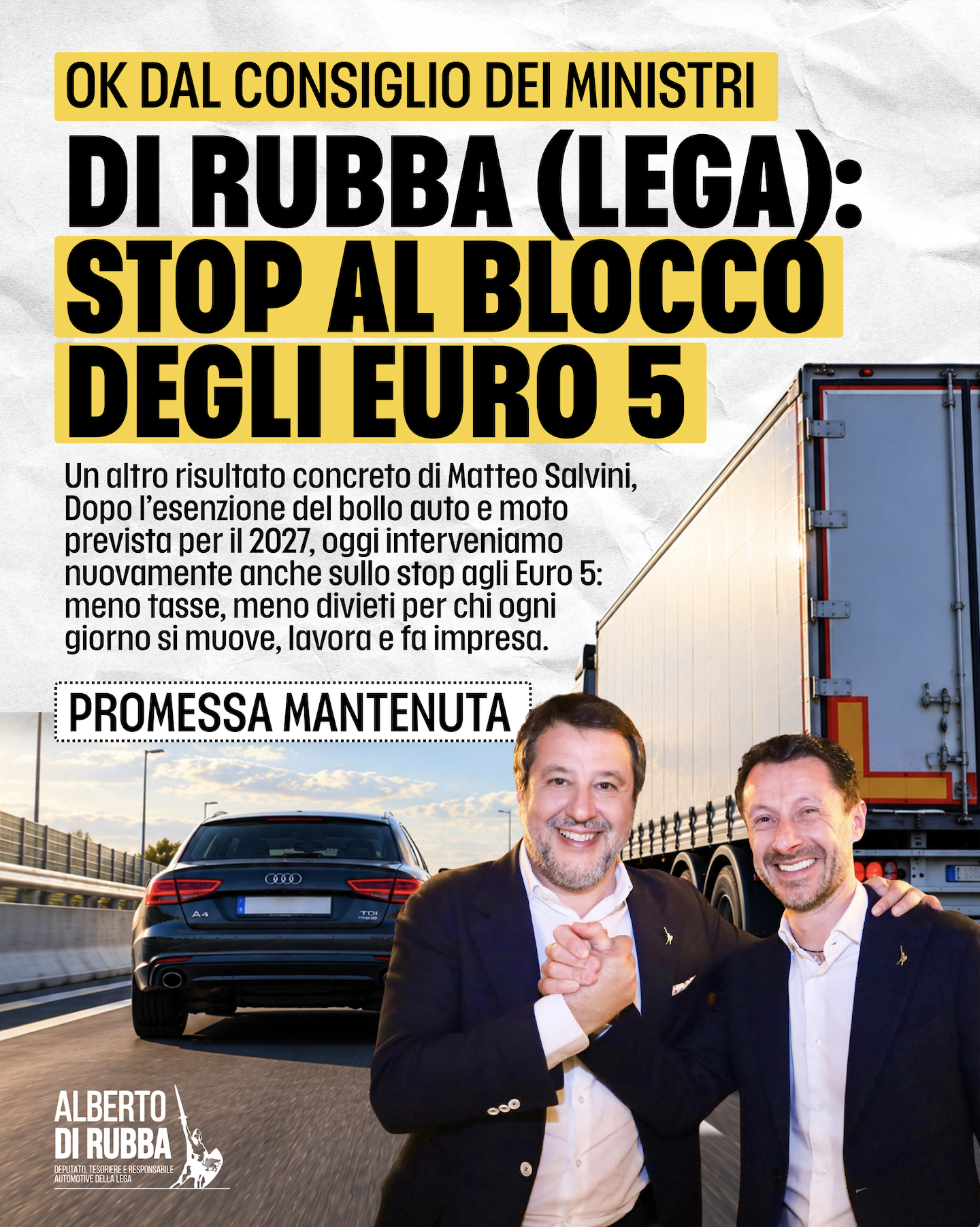 Euro 5, Di Rubba (Lega): “Dopo il bollo, un altro risultato di Matteo Salvini. Meno tasse e meno divieti”